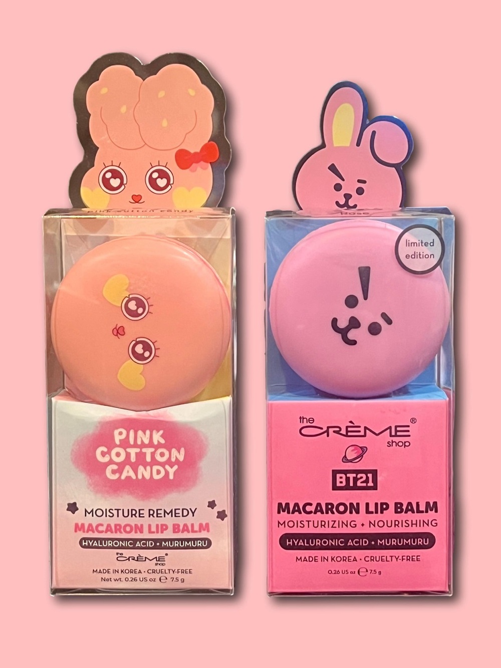 The Crème Shop Macaron Moisturizing Lip Balm Bundle- Pink Candy & BT21 Rose
